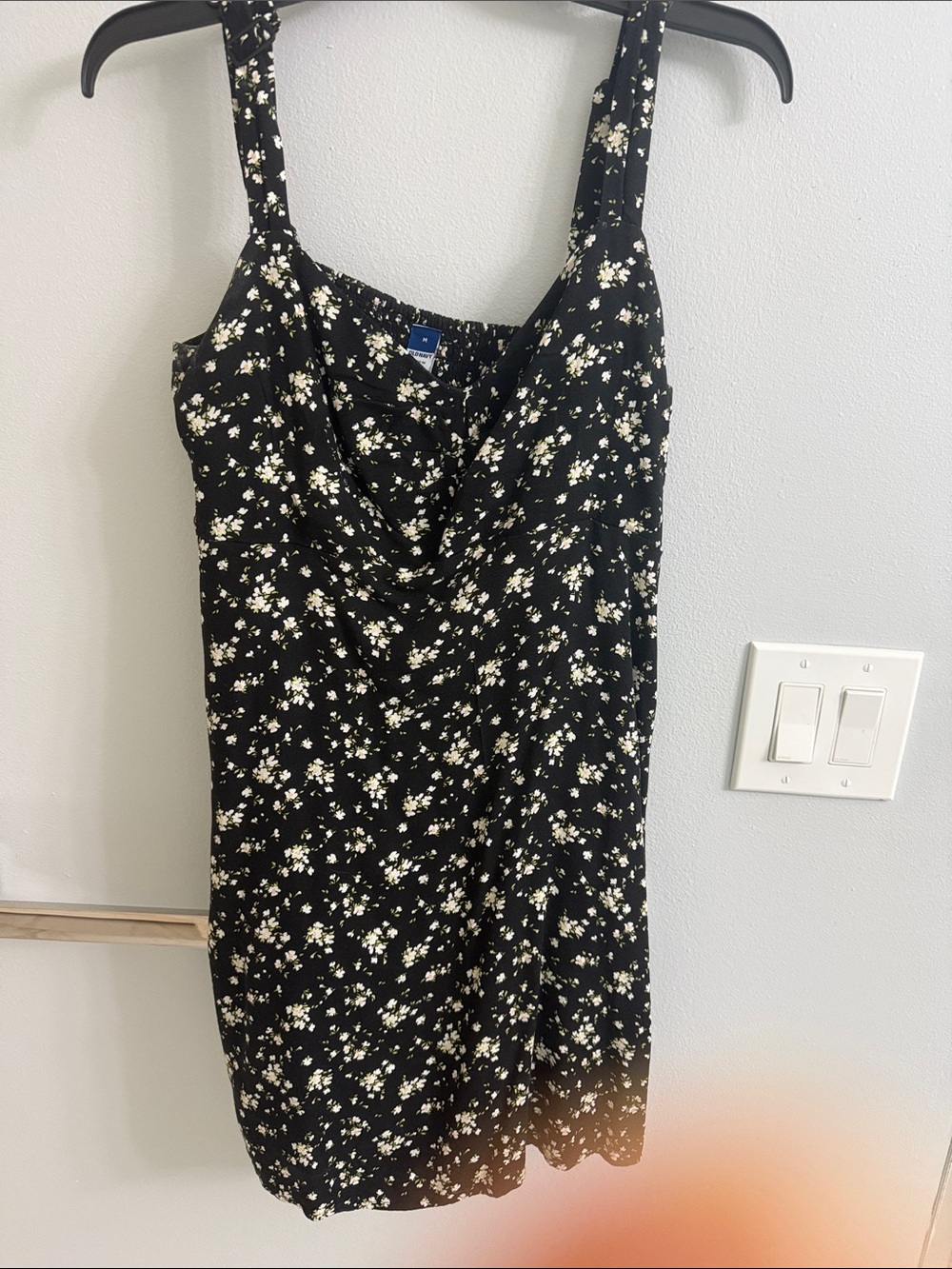 Black Floral Sleeveless Dress with White Blossom Print